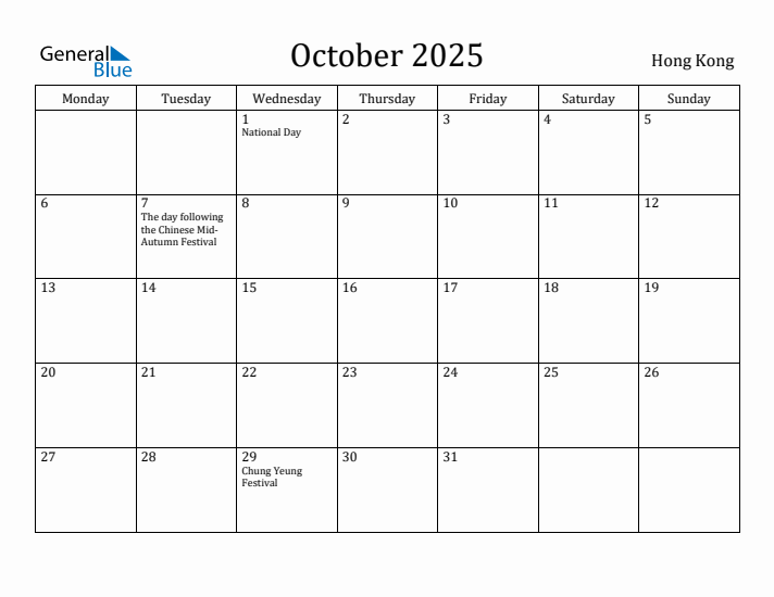 October 2025 Calendar Hong Kong