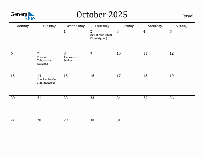 October 2025 Calendar Israel