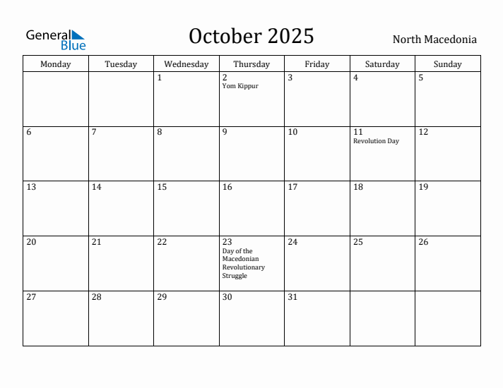 October 2025 Calendar North Macedonia