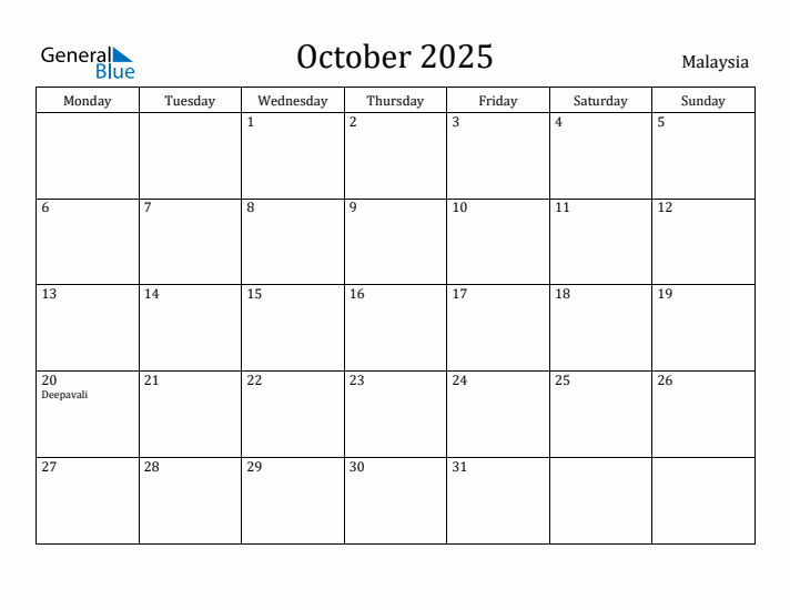 October 2025 Calendar Malaysia