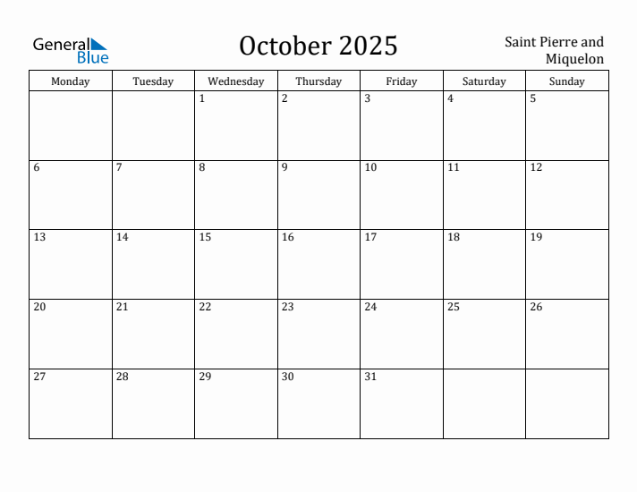 October 2025 Calendar Saint Pierre and Miquelon