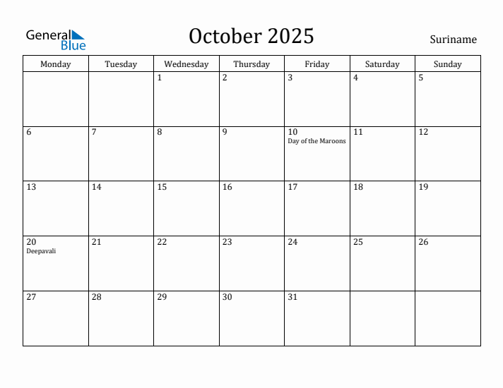 October 2025 Calendar Suriname