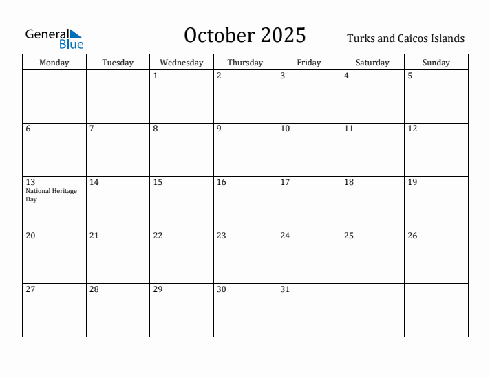 October 2025 Calendar Turks and Caicos Islands