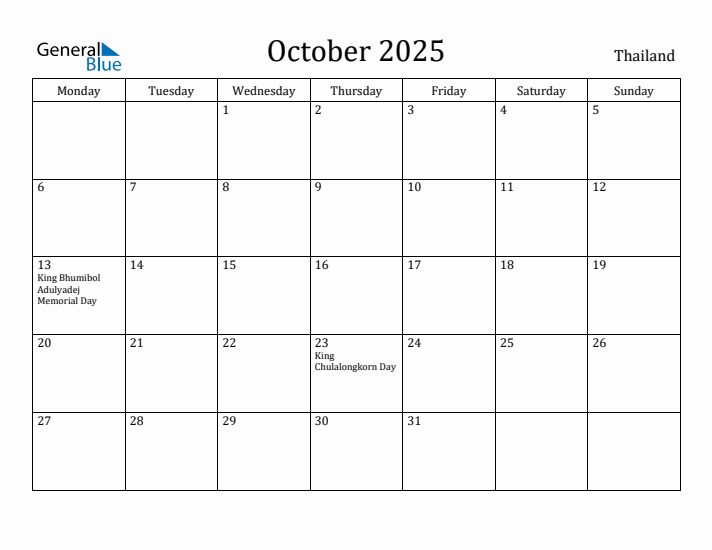 October 2025 Calendar Thailand