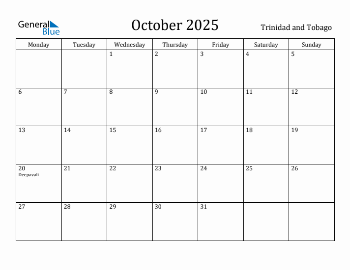 October 2025 Calendar Trinidad and Tobago
