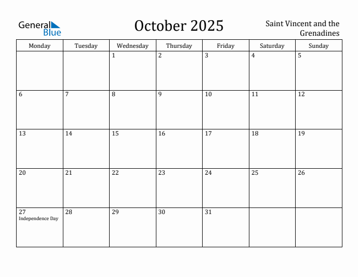 October 2025 Calendar Saint Vincent and the Grenadines