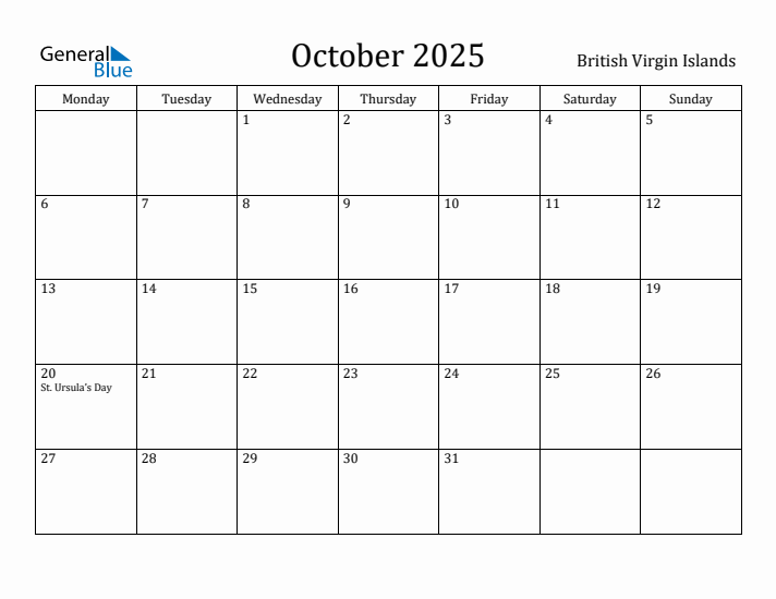 October 2025 Calendar British Virgin Islands