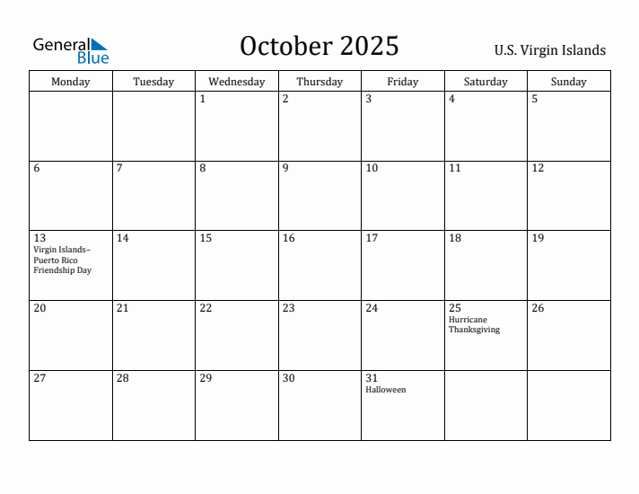 October 2025 Calendar U.S. Virgin Islands