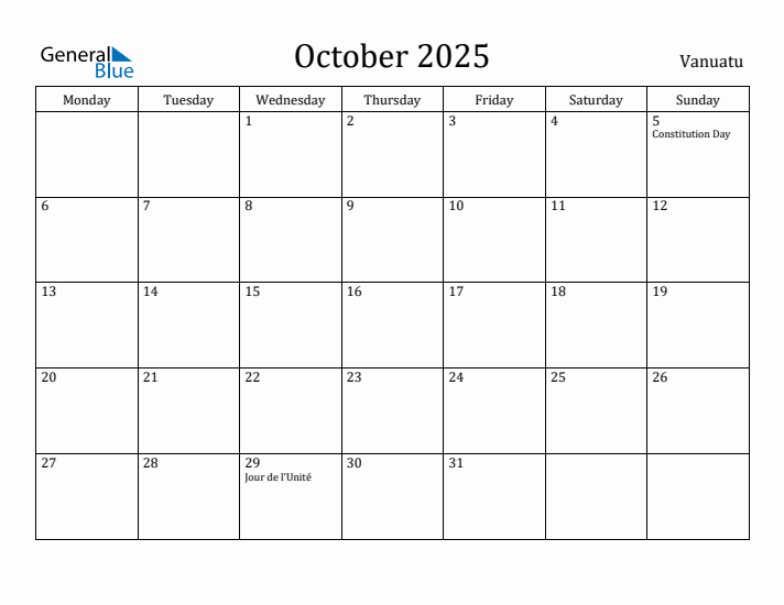 October 2025 Calendar Vanuatu
