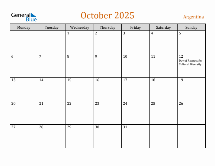 October 2025 Holiday Calendar with Monday Start
