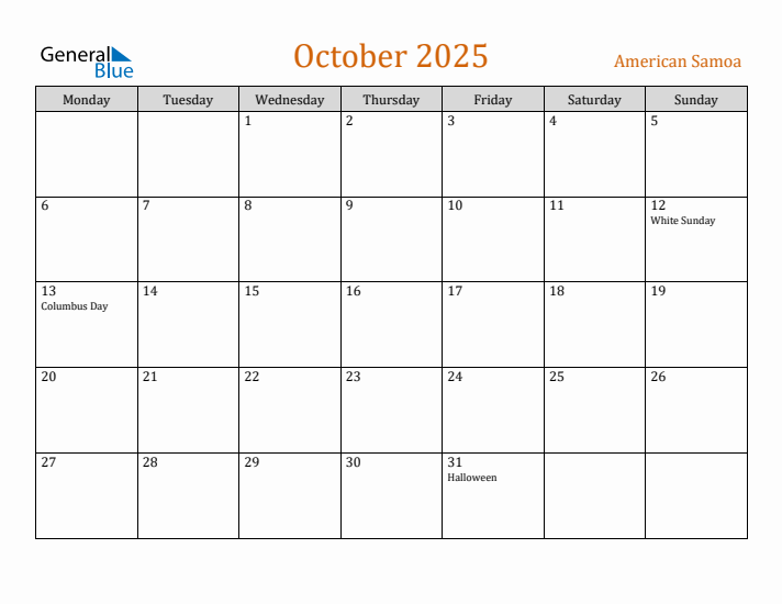 October 2025 Holiday Calendar with Monday Start