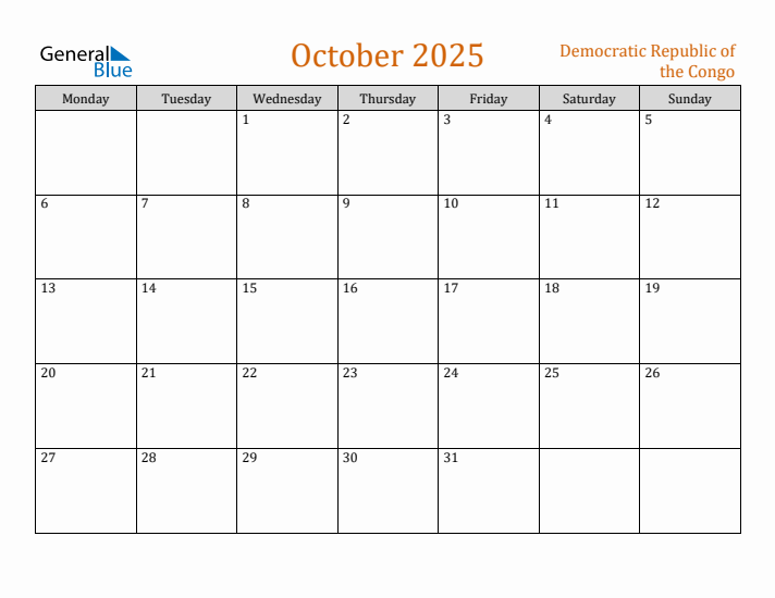 October 2025 Holiday Calendar with Monday Start