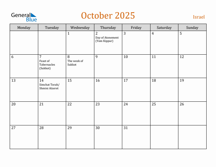 October 2025 Holiday Calendar with Monday Start