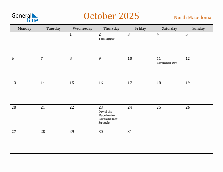 October 2025 Holiday Calendar with Monday Start