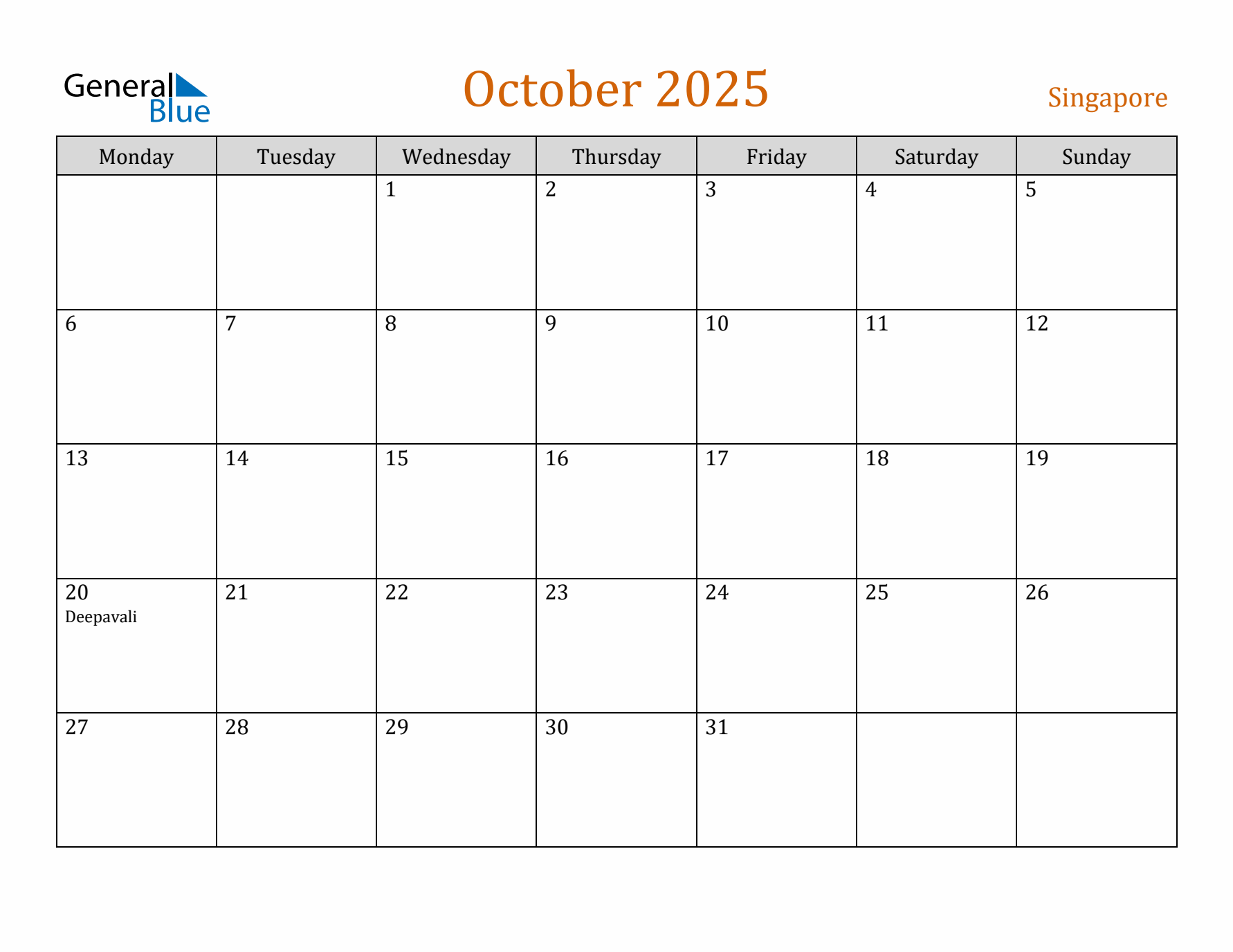 October 2025 Holiday Calendar with Monday Start