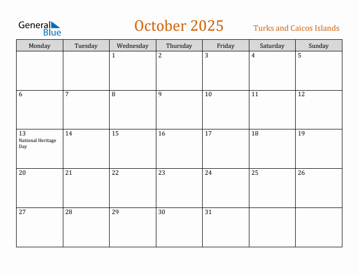 October 2025 Holiday Calendar with Monday Start