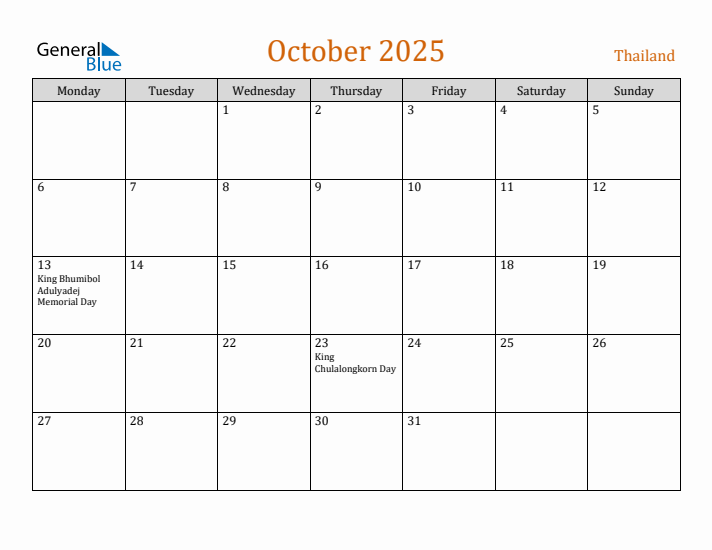 October 2025 Holiday Calendar with Monday Start