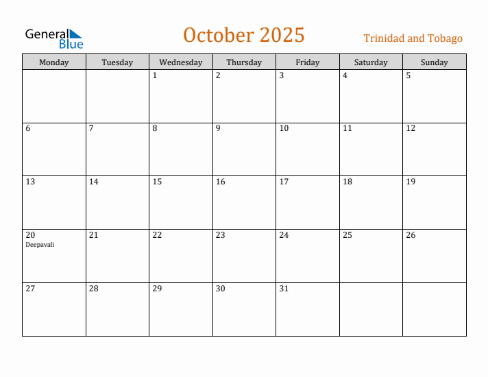 October 2025 Holiday Calendar with Monday Start