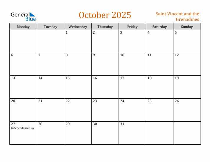 October 2025 Holiday Calendar with Monday Start
