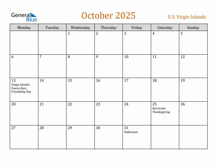 October 2025 Holiday Calendar with Monday Start