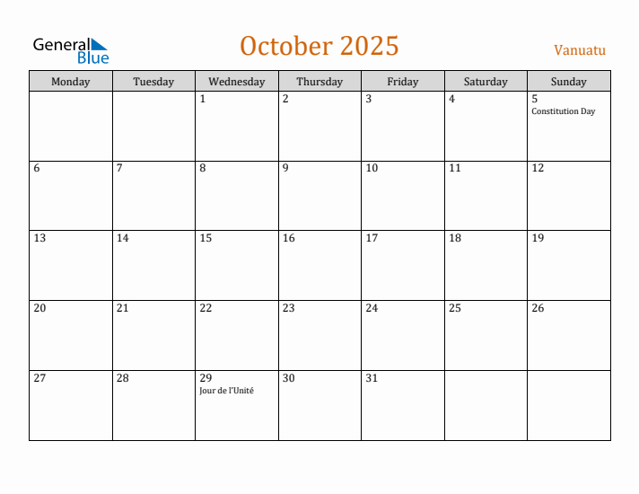 October 2025 Holiday Calendar with Monday Start