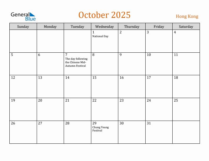 October 2025 Holiday Calendar with Sunday Start