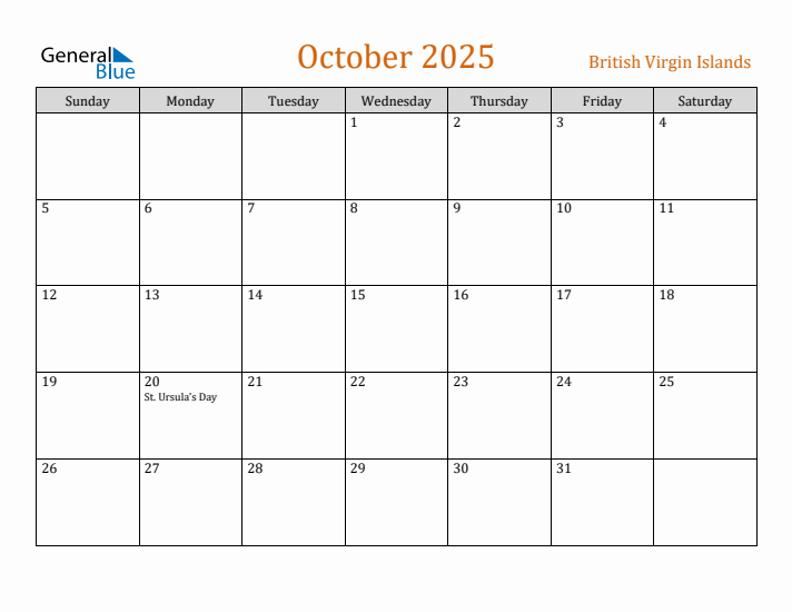 October 2025 Holiday Calendar with Sunday Start