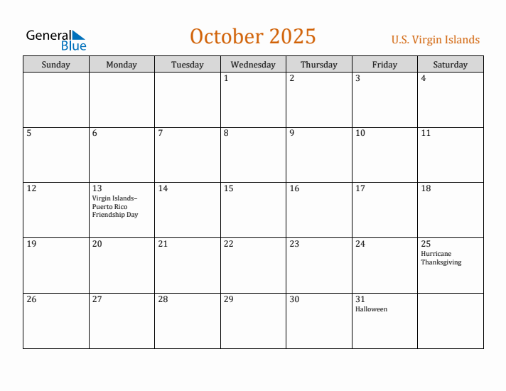October 2025 Holiday Calendar with Sunday Start