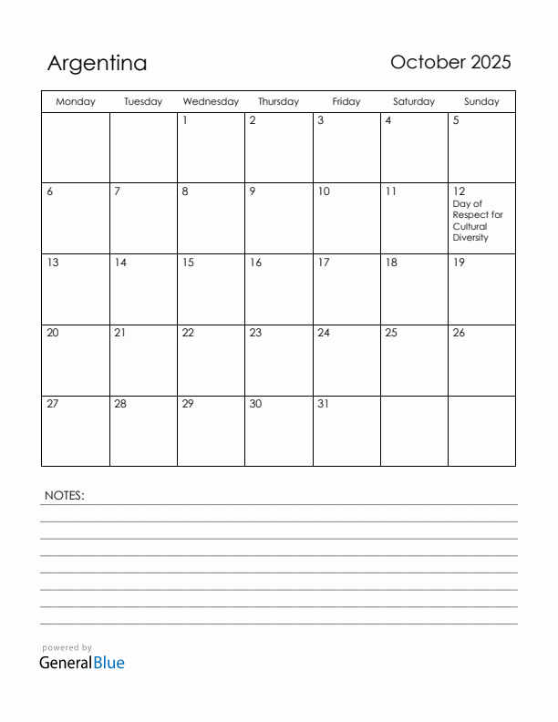 October 2025 Argentina Calendar with Holidays (Monday Start)