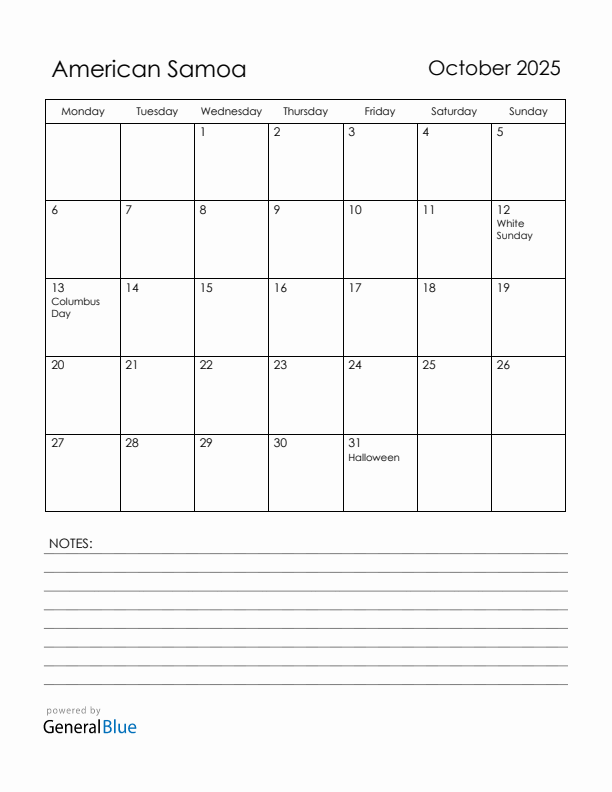 October 2025 American Samoa Calendar with Holidays (Monday Start)