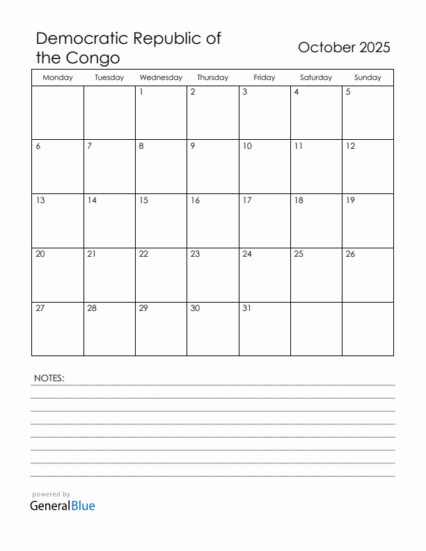 October 2025 Democratic Republic of the Congo Calendar with Holidays (Monday Start)