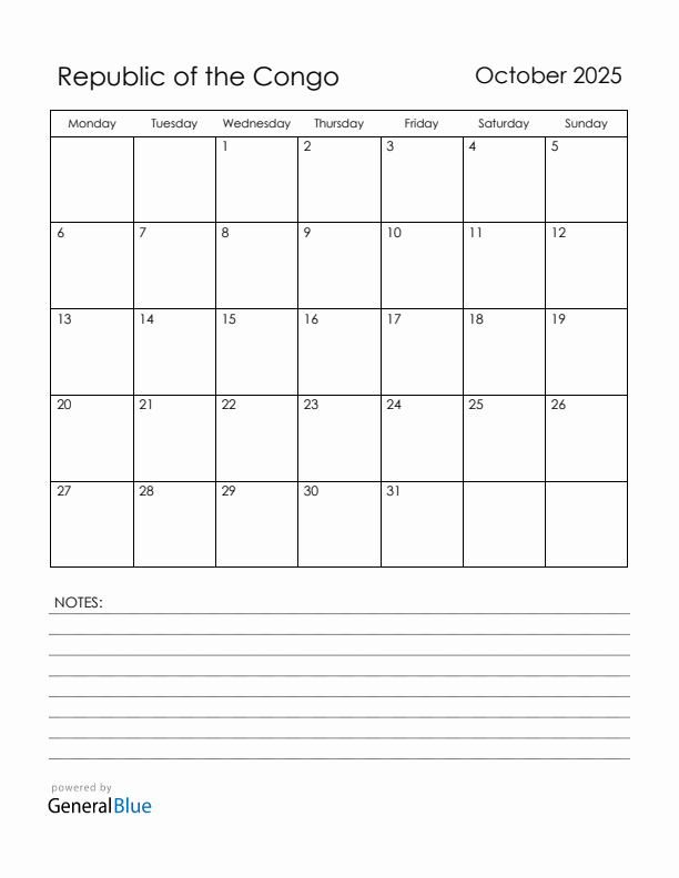 October 2025 Republic of the Congo Calendar with Holidays (Monday Start)