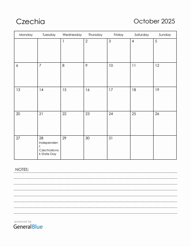 October 2025 Czechia Calendar with Holidays (Monday Start)