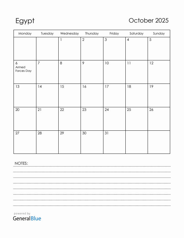 October 2025 Egypt Calendar with Holidays (Monday Start)