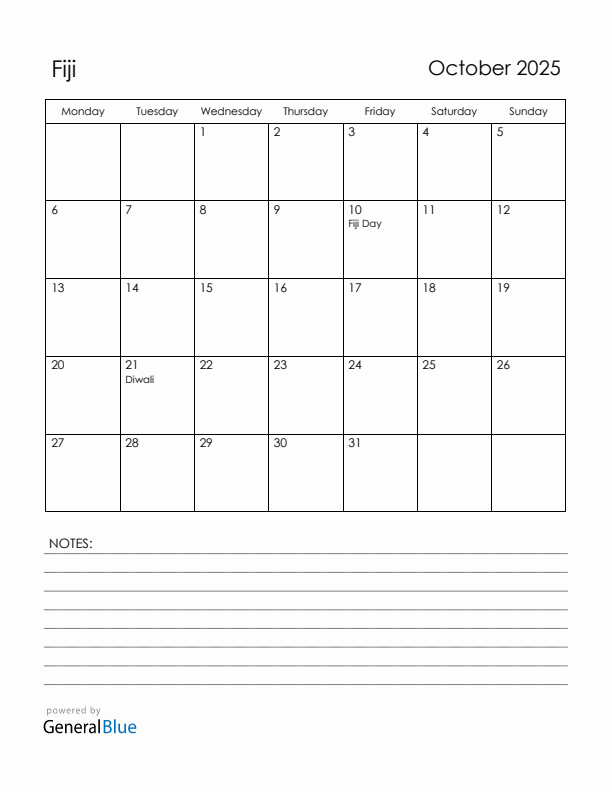 October 2025 Fiji Calendar with Holidays (Monday Start)