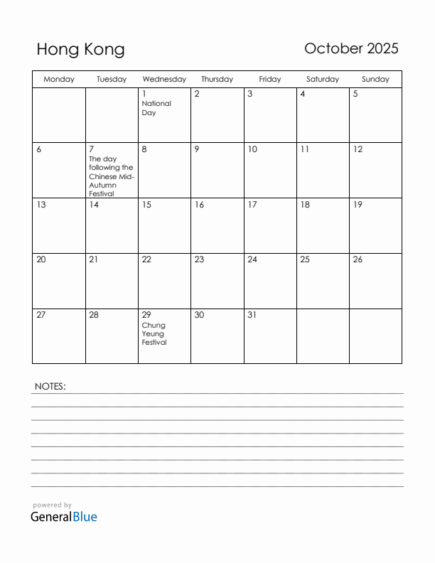 October 2025 Hong Kong Calendar with Holidays (Monday Start)