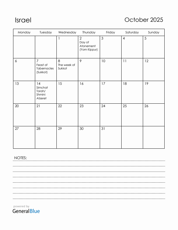 October 2025 Israel Calendar with Holidays (Monday Start)