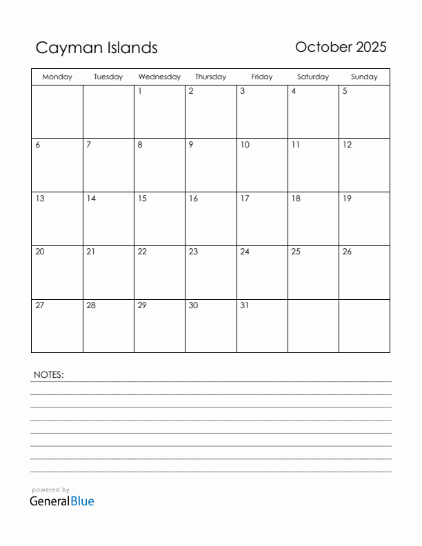October 2025 Cayman Islands Calendar with Holidays (Monday Start)