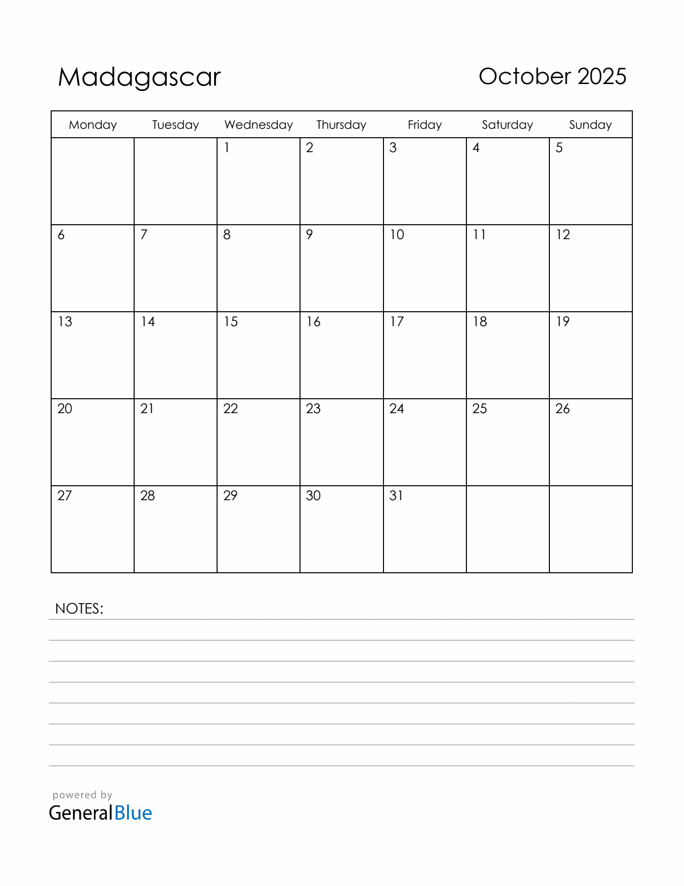 October 2025 Madagascar Calendar with Holidays (Monday Start)