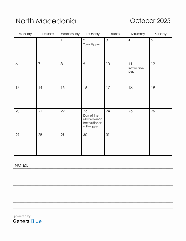 October 2025 North Macedonia Calendar with Holidays (Monday Start)