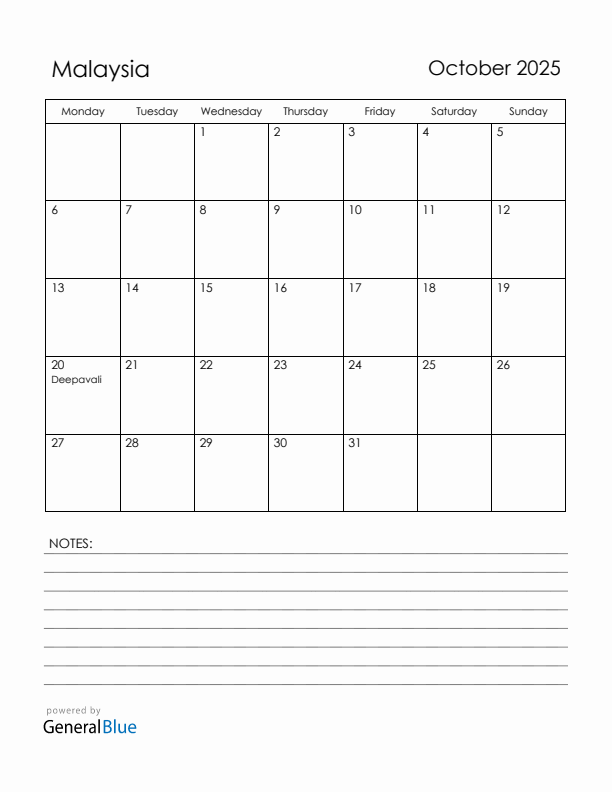 October 2025 Malaysia Calendar with Holidays (Monday Start)