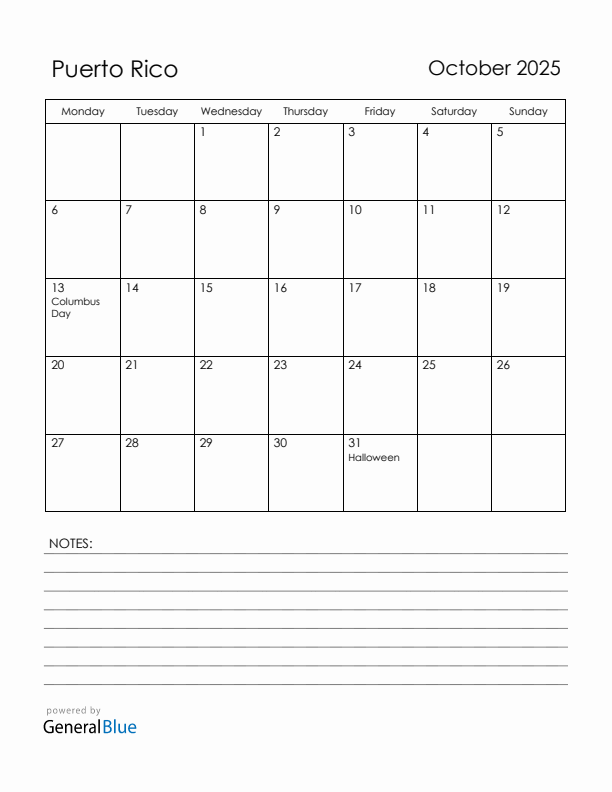 October 2025 Puerto Rico Calendar with Holidays (Monday Start)