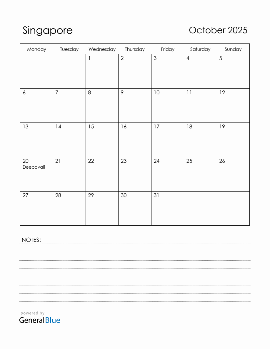 October 2025 Singapore Calendar with Holidays (Monday Start)