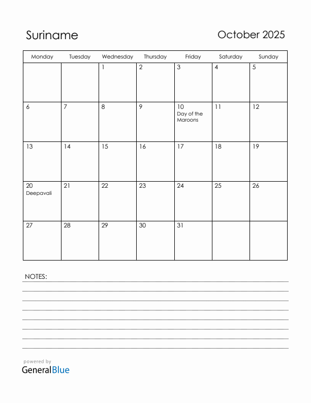 October 2025 Suriname Calendar with Holidays (Monday Start)
