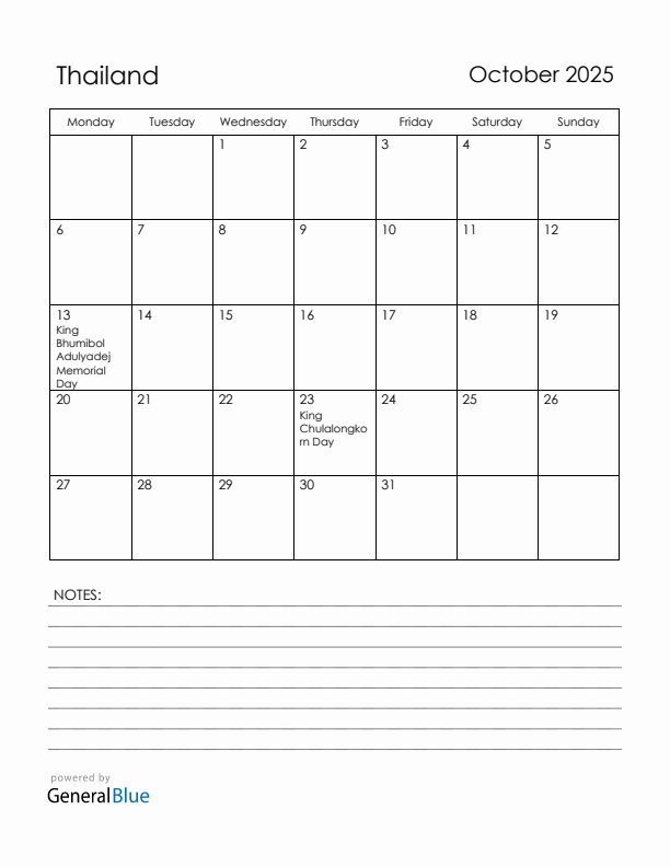 October 2025 Thailand Calendar with Holidays (Monday Start)