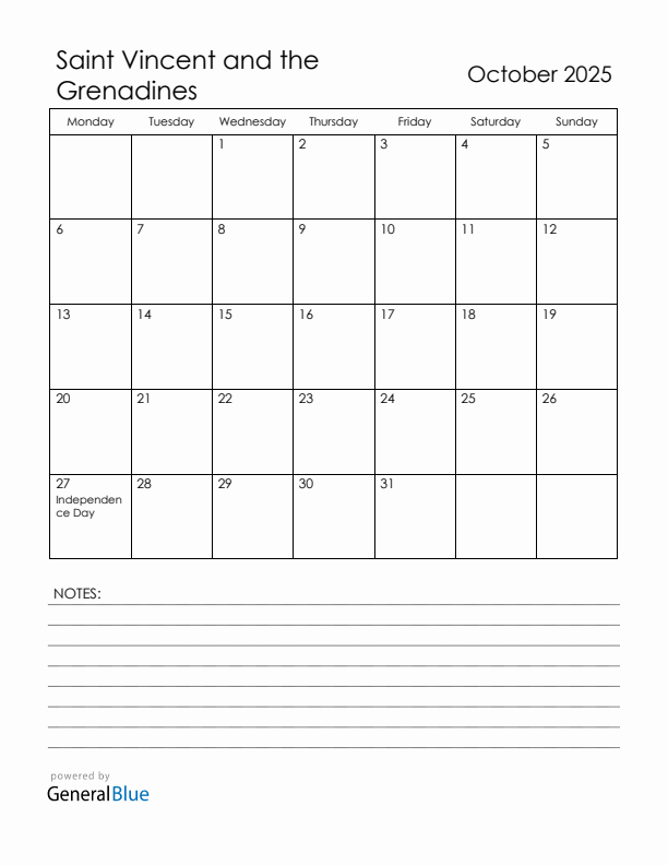 October 2025 Saint Vincent and the Grenadines Calendar with Holidays (Monday Start)