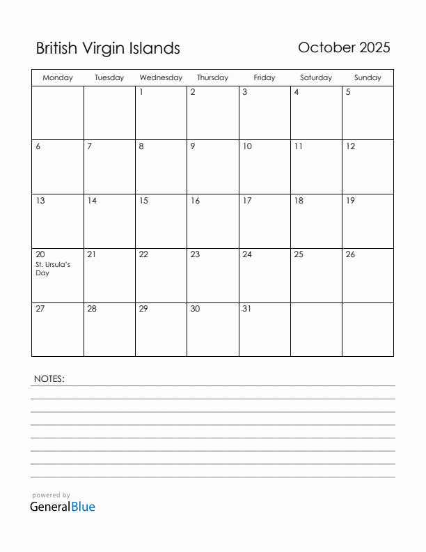 October 2025 British Virgin Islands Calendar with Holidays (Monday Start)