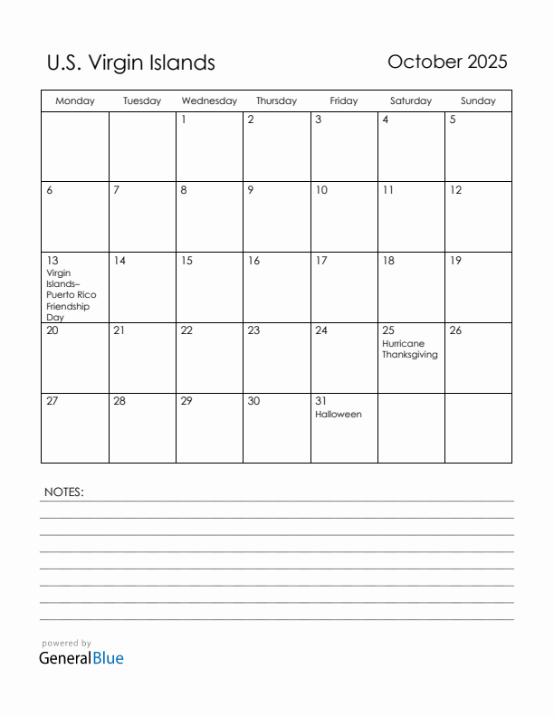 October 2025 U.S. Virgin Islands Calendar with Holidays (Monday Start)
