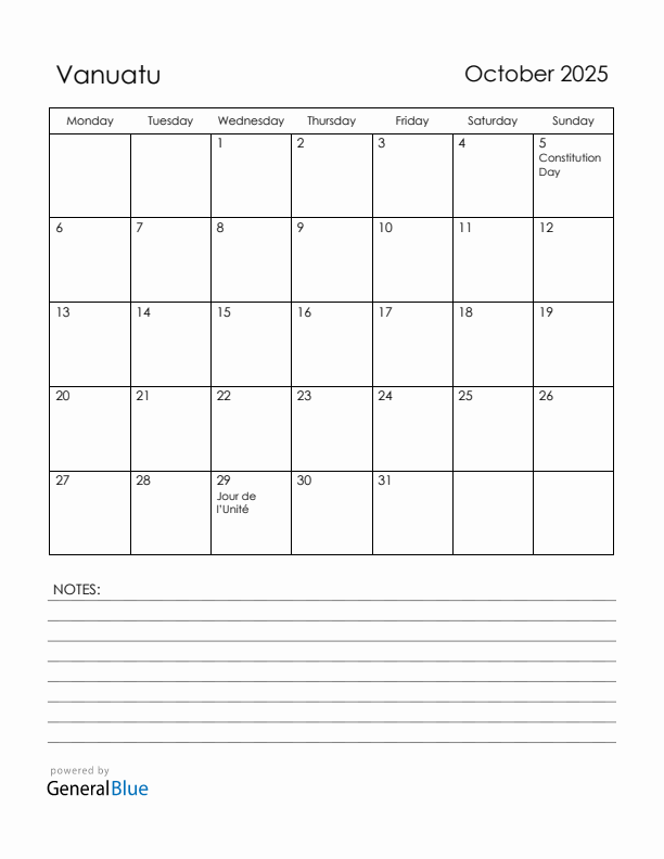 October 2025 Vanuatu Calendar with Holidays (Monday Start)