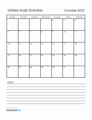Current month calendar with United Arab Emirates holidays for October 2025
